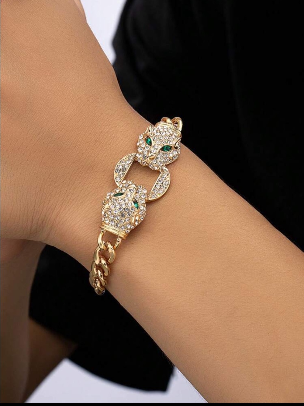 Gold Panther Head Chain Bracelet with Green Eyes